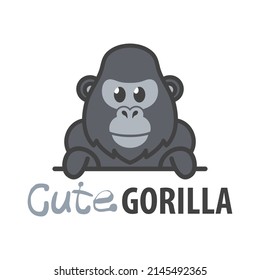 Logo template with cute gorilla. Vector logo design ape template for zoo, veterinary clinics. Cartoon tropical animal logo illustration. 