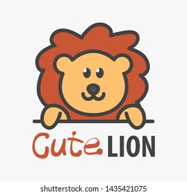 Logo template with cute lion. Vector logo design template for zoo, veterinary clinics. Cartoon african animal logo illustration.