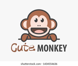 Logo template with cute monkey. Vector logo design ape template for zoo, veterinary clinics. Cartoon african animal logo illustration. 
