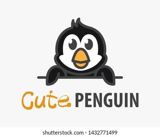 Logo template with cute penguin. Vector logo design template for zoo, veterinary clinics, ice cream shop. Cartoon Antarctic animal logo illustration.