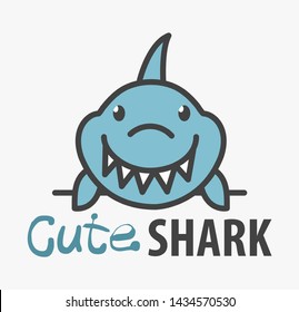 Logo template with cute shark. Vector logo design template for aqua or water park. Cartoon ocean fish logo illustration.