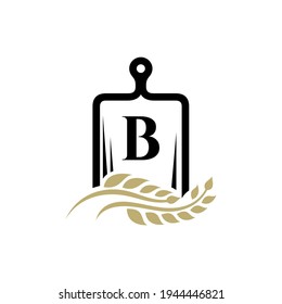 Logo template of cutting board with wheat and letter B suitable for bread store symbol, food icon, organic product label, foodstuffs and others