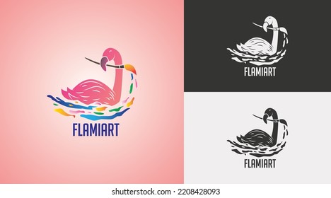 Logo template design, Flamingo bird with painting brush. Art and painting studio