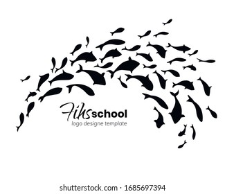 Logo template design with flock of jumping fish. School of fish. Vector illustration.