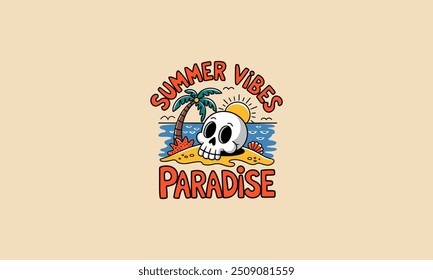 Diseño de la Plantilla del logotipo de un cráneo de la cabeza en el diseño del Vector de las vibraciones del verano de la playa