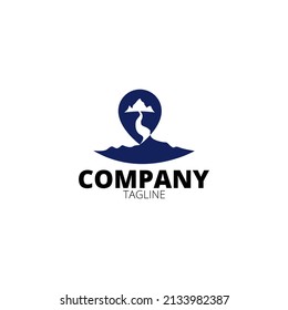 Ilustración de diseño con logotipo de siluetas de montaña, ríos y alfileres. Este logotipo es adecuado para ser una identidad para una marca, negocio y servicio en el campo de camping, viajes y vacaciones