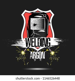 Logo template design welding argon. Abstract mask of a welder with gas burners. Grunge style. Isolated on black background.  Vector illustration