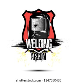Logo template design welding argon. Abstract mask of a welder with gas burners. Grunge style. Isolated on white background.  Vector illustration