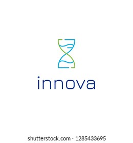 Logo template with dna and hourglass idea for medical clinic scientific business service, drugs, pills, innovation startup. Simple line microbiology icon, genetic lab emblem.