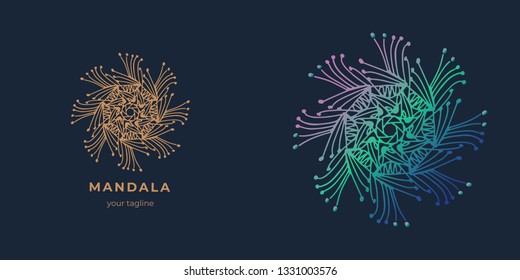 Logo template and element for design. Abstract symbol of mandala in ornamental hand drawn style. Good for luxury, premium product packaging, restaurants, hotels, cosmetics, jewelry, spa facilities.