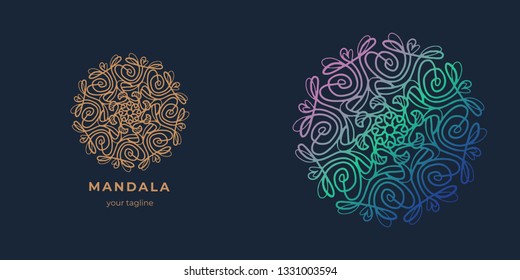 Logo template and element for design. Abstract symbol of mandala in ornamental hand drawn style. Good for luxury, premium product packaging, restaurants, hotels, cosmetics, jewelry, spa facilities.