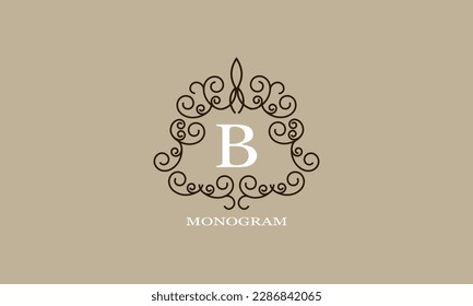 Logo template with elements of calligraphic elegant ornament and letter B in the center. Identity design for shop or cafe, store, restaurant, boutique, hotel, heraldry shop, fashion, etc.