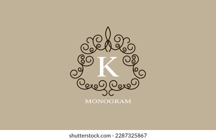Logo template with elements of calligraphic elegant ornament and letter K in the center. Identity design for shop or cafe, store, restaurant, boutique, hotel, heraldry shop, fashion, etc.