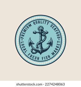 Logo template for fish market, restaurant menu or seafood bar. Emblem of delicacy in the engraving style on a light background.