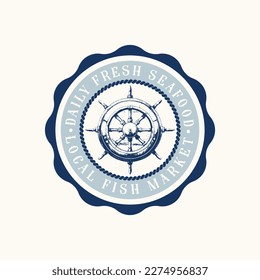 Logo template for fish market, restaurant menu or seafood bar. Emblem of delicacy in the engraving style on a light background.