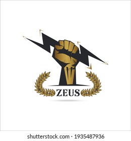 Logo template Fist hand holding  thunder isolate with olive branch with thunder symbol of greek god zeus on white background Vector illustration