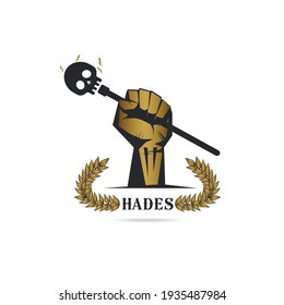 Logo Template Fist Hand Holding  Skull Wand Isolate With Olive Branch With Thunder Symbol Of Greek God Hades On White Background Vector Illustration