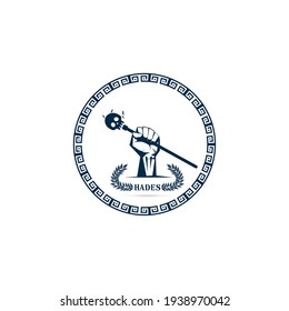 Logo Template Fist Hand Holding  Skull Wand Isolate With Olive Branch With Thunder Symbol Of Greek God Hades On White Background Vector Illustration