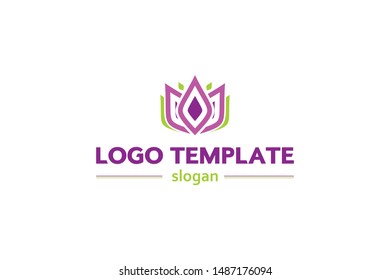 Logo template with floral element. Soft, beautiful shades of purple with green. Sign of the petals
