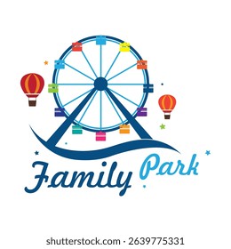 Logo template for fun park in line style on a white background. Ferris wheel in fun park or funfair attraction.