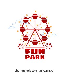 Logo template for fun park in line style on a white background. Ferris wheel in fun park or funfair attraction. Vector illustration.