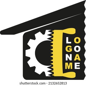Logo template with a gear and a saw in a stylized house. Vector illustration.