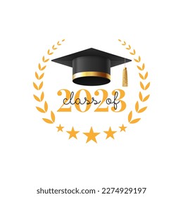 Logo template for graduation 2023. Vector illustration with symbol for graduation 2023. Label class of 2023. Grad ceremony symbol with realistic mortar cap.