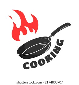Logo template with grill pan shape with cooking inscription on isolated background
