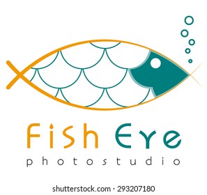 Logo template, grotesque fish-eye lens, flat style fish