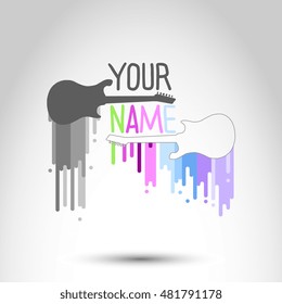 Logo template with guitar isolated on abstract background and multicolor dripping paint. Vector illustration / icon / label / tattoo