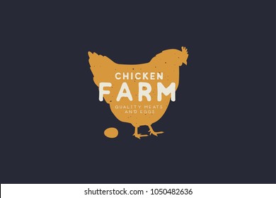 Logo template with hand drawn silhouette of hen in vintage style on dark background. Chicken farm. Vector logotype design.