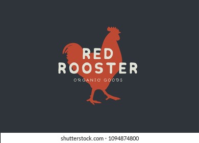 Logo template with hand drawn silhouette of red rooster in vintage style on dark background. Chicken farm. Vector illustration.