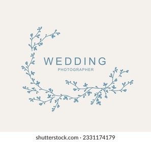 Logo template with hand drawn silhouettes of branches, flowers and leaves. Elegant delicate wreath. Botanical vector design