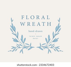 Logo template with hand drawn silhouettes of branches, flowers and leaves. Elegant delicate wreath. Botanical vector design