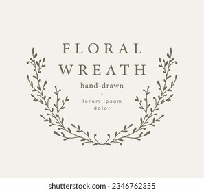 Logo template with hand drawn silhouettes of branches and leaves. Elegant delicate vector floral frame for labels, corporate identity, wedding invitation, save the date