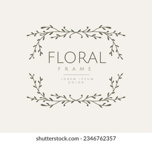 Logo template with hand drawn silhouettes of branches and leaves. Elegant delicate vector floral frame for labels, corporate identity, wedding invitation, save the date