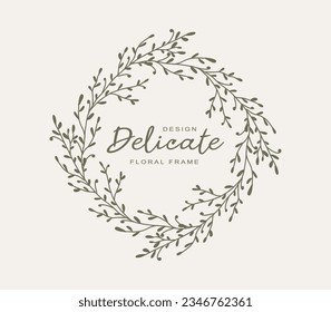 Logo template with hand drawn silhouettes of branches and leaves. Elegant delicate vector floral frame for labels, corporate identity, wedding invitation, save the date