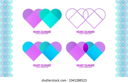 Logo template with a heart, two hearts, a linear logo, a fashionable gradient, a simple logo vector, from heart to heart. A set of logos for the fund, business, school, charitable company, store.