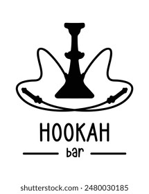 Logo template for hookah bar. Black and white illustration for engraving. Elements of bar equipment. Relaxation product. Stylized minimalistic drawing of a hookah.