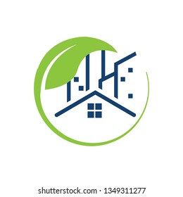 logo template house with leaf conceptual icon for hotels real estate firms eco friendly smart houses cottages, in modern designs
