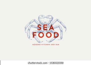 Logo template with an image of a blue king crab drawn by graphic lines on a light background. Retro emblem for the menu of fish restaurants, markets and shops. Vector vintage engraving illustration.