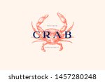 Logo template with an image of a crab drawn by graphic lines on a light background. Retro emblem for the menu of fish restaurants, markets and shops. Vector vintage engraving illustration.