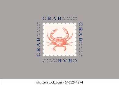 Logo template with an image of a crab drawn by graphic lines on a light background. Retro emblem for the menu of fish restaurants, markets and shops. Vector vintage engraving illustration.