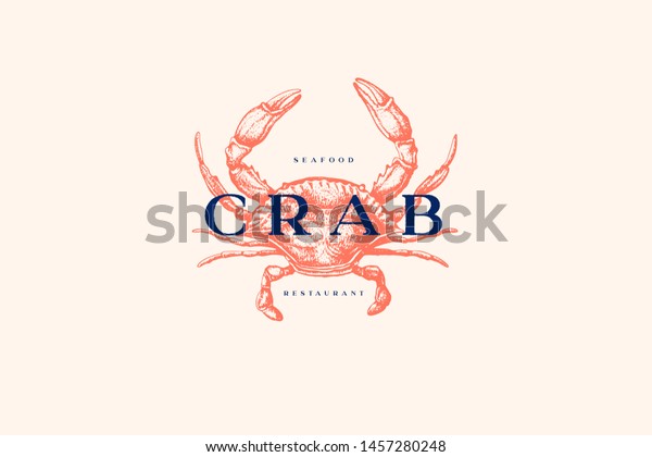 Logo\
template with an image of a crab drawn by graphic lines on a light\
background. Retro emblem for the menu of fish restaurants, markets\
and shops. Vector vintage engraving\
illustration.