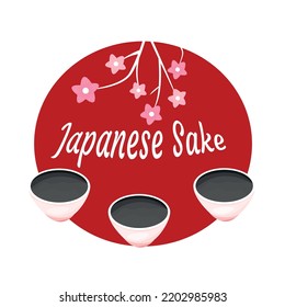 logo template of Japanese Asian culture and traditions of sake drink in cups and a blooming sakura branch with text. Vector illustration in a flat style