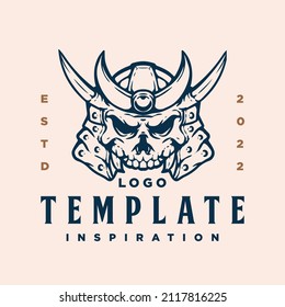 Logo template with Japanese knight skull. Monochrome design element with human skull Gothic or horror concept for label, stamp, tattoo template, esport logo