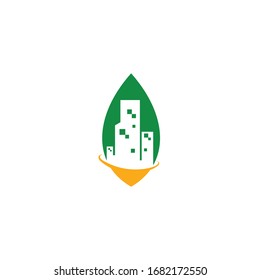 Logo template of leaf and building. Simple flat style. Vector logo template ready for use.