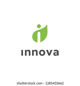 Logo template with leaf and I letter idea for medical clinic scientific business service, drugs, pills, innovation startup. Simple line eco microbiology icon, genetic lab emblem, cosmetics brand sign