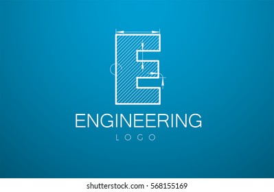 logo template letter E  in the style of a technical drawing. sign design and the text "engineering" with dimension lines. Vector illustration
