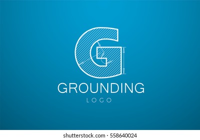 logo template letter G  in the style of a technical drawing. sign design and the text "grounding" with dimension lines. Vector illustration